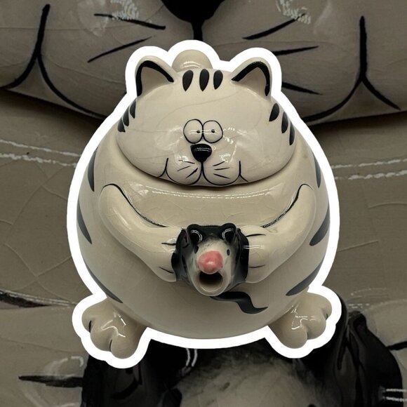 Pier 1 Imports Teapot Chubby Black & White Striped Cat Holding a Mouse as Spout - Picture 6 of 16
